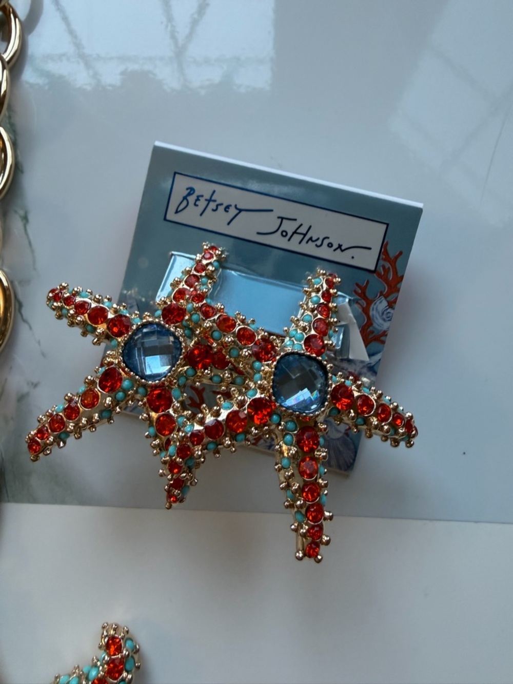 Rare Betsey Johnson Shiny Gold Oversized Link Starfish Necklace with Earrings - Picture 2 of 7